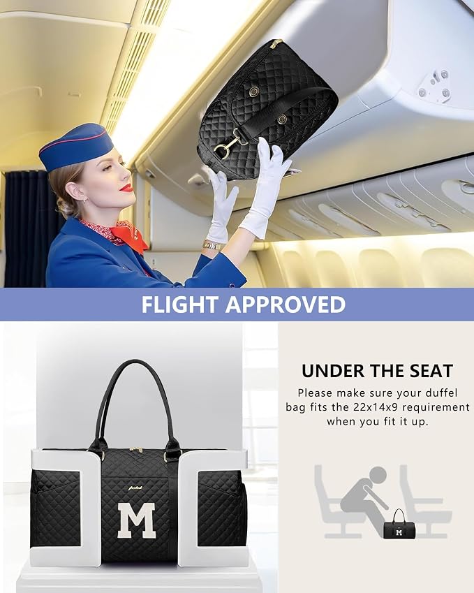 Women Weekender Travel Duffle Bag: Initial Duffel Overnight Bags with Shoe Compartment Large Carry on Tote with Toiletry Bag Weekend Traveling Yoga Gym Hospital Bag for Women with Wet Pocket Letter M