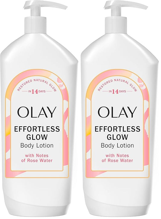 Olay Body Lotion for Women, Effortless Glow,Restore Natural Glow, 24hr Moisturizing & Deep Hydration, Absorbs Instantly, Penetrating Vitamin B3,For All Skin Types,Rose Water Scent,18 fl oz,(Pack of 2)