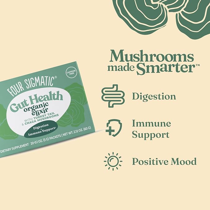 Four Sigmatic Gut Health Mushroom Elixir | Coffee Alternative with Organic Turkey Tail, Organic Chaga Mushroom Powder, Rose Hips & Mint | Digestive Support & Immune Support | 20 Packets