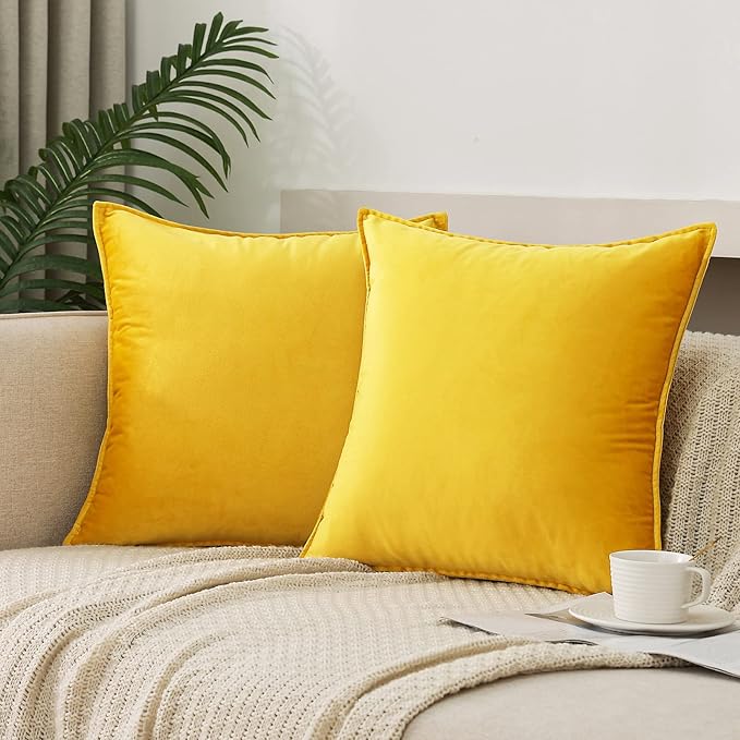 Velvet Yellow Throw Pillow Covers 24”x24”Pack of 2 Soft Decorative | Square Cushion Covers for Couch Sofa Bed Livingroom Car Home Decor,60x60Cm