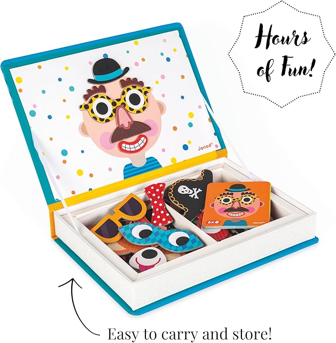 Janod - Magnetibook 83 Pc Magnetic Boy Crazy Face Dress Up Game - Decorating Fridge with Magnetic Letters - Enhances Creativity and Learning - Boosts Self-Confidence - Portable and Easy Storage