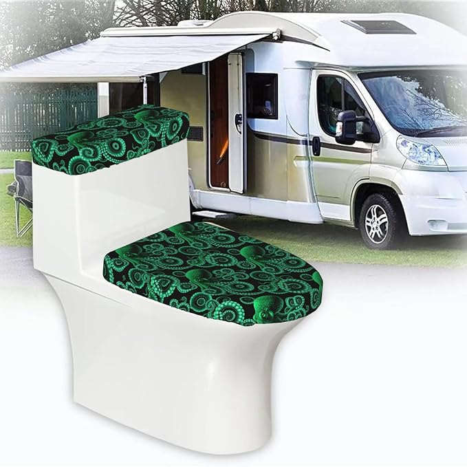 Elastic Edge Toilet Cover SetWatercolor Octopus Green, So ft Stretchy Fabric Universal Fit for Round Oblong Toilets Decor