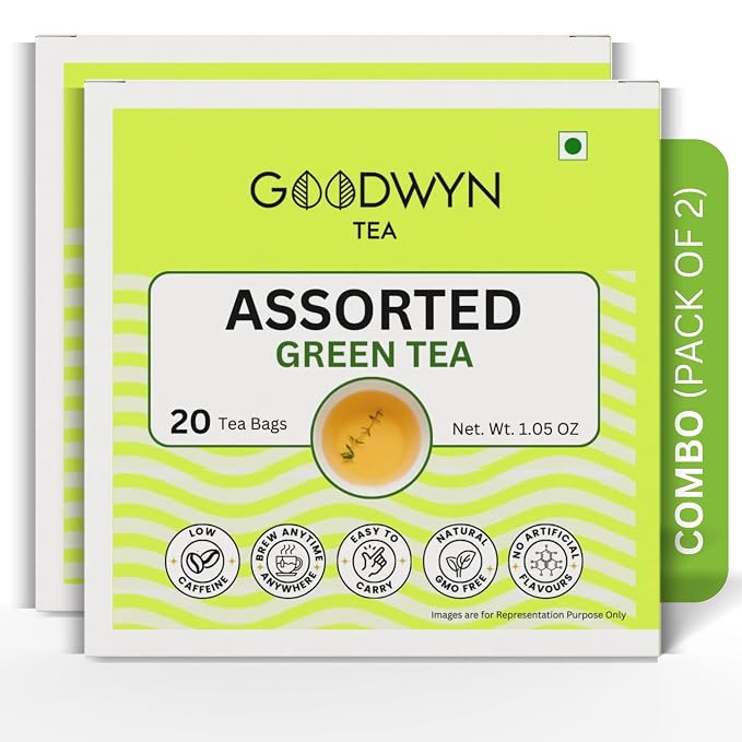 Goodwyn Assorted Green Tea Sampler (40 Tea Bags) | 4 Premium Green Tea Varieties | Green Tea, Kashmiri Kahwa, Jasmine Green & Tulsi Green | 100% Natural | Plastic Free Tea Bags | Low Caffeine Non Bitter | Variety Pack for Tea Lovers