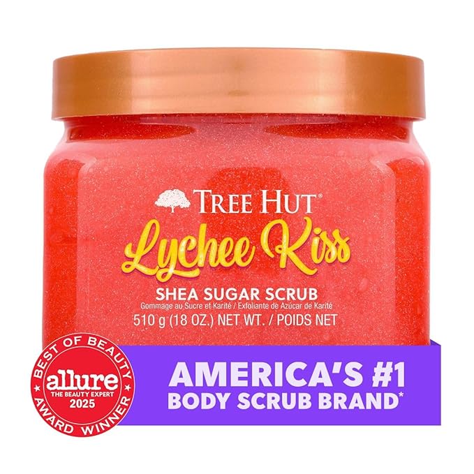 Tree Hut Lychee Kiss Shea Sugar Scrub, Exfoliating, Hydrating & Moisturizing Body Scrub with Shea Butter & Nourishing Essential Oils, Smooth & Soften Skin, 18 oz