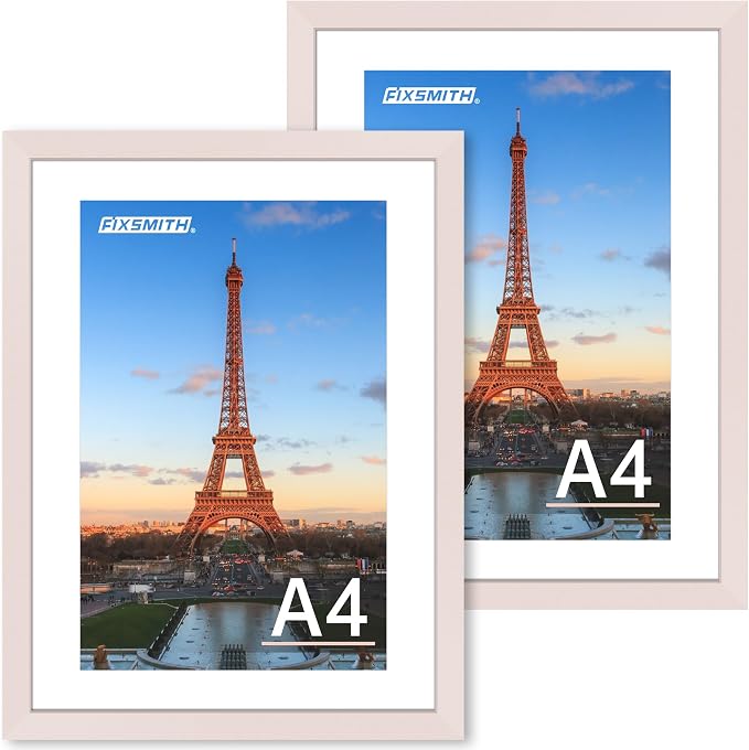 FIXSMITH A4 Picture Frame Set of 2, Pink Photo Frame with HD Plexiglass, Display Pictures 6x8 with Mat or 8.3x11.7 Without Mat Multi Picture Frames Collage for Tabletop or Wall Display