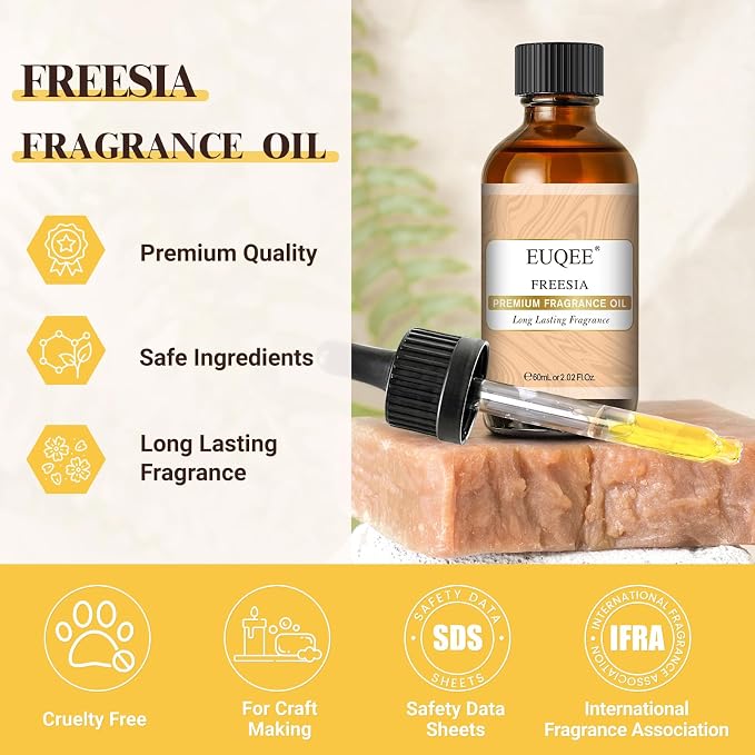 EUQEE Freesia Fragrance Oil for Candle Making 60ml (2.02 Fl oz) | Scented Oil with Glass Dropper for Diffusers, DIY Soap & Bath Bombs