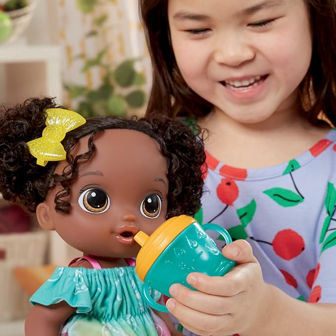 Baby Alive Fruity Sips Doll, Lime, Toys for 3 Year Old Girls, 12-inch Baby Doll Set, Drinks & Wets, Pretend Juicer, Kids 3 and Up, Black Hair