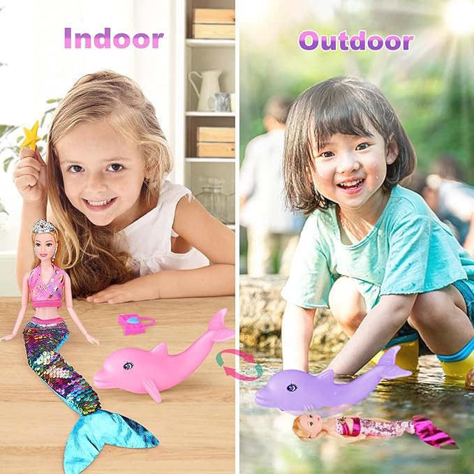 Baljinder Magical Mermaid Dolls with Little Mermaid | Summer Princess Doll & Color Change Dolphin Playset for Water Swimming | Mermaid Pool Toys for Girls 4-7 | Birthday Party Christmas