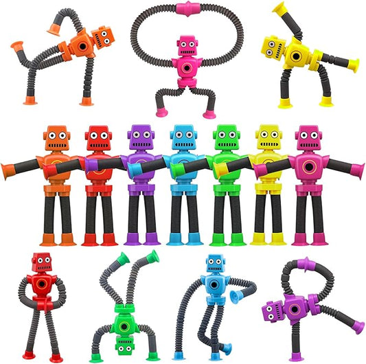 14PCS Suction Cup Pop Tube Sensory Toys, Basket Stocking Stuffer Set for Kids Toddlers, Funny Robot Action Figure Bendable Fidget Toy Gift Birthday Party Favors