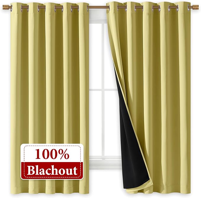 NICETOWN 100% Blackout Curtains with Black Liners, Thermal Insulated Full Blackout 2-Layer Lined Drapes, Energy Efficiency Window Draperies for Bedroom (Paler Yellow, 2 Panels, 70-inch W by 63-inch L)