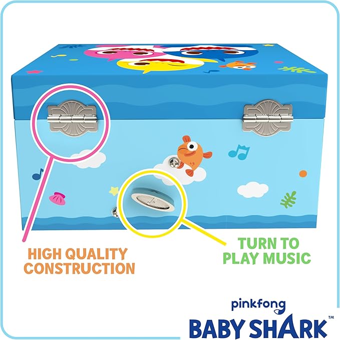 Baby Shark Jewelry Box for Girls - Musical Jewelry Box with Spinning Baby Shark Figurine, Baby Shark Toys for Kids Ages 3-5 - 6 x 4.7 x 3.5 in