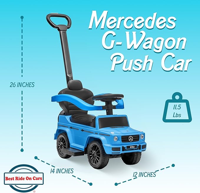 Best Ride On Cars Kids Outdoor Stroller Mercedes G-Wagon 3-in-1 Push Car with Detachable Handle, Safety Rails, and Working Horn, Blue