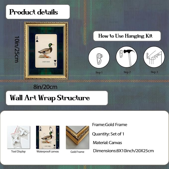 Gold Framed Vintage Mallard Duck Wall Art, Hunting Lucky Duck Wall Decor Picture Dark Wildlife Playing Card Canvas Print Painting for Farmhouse Bedroom Living Room 8x10 inch