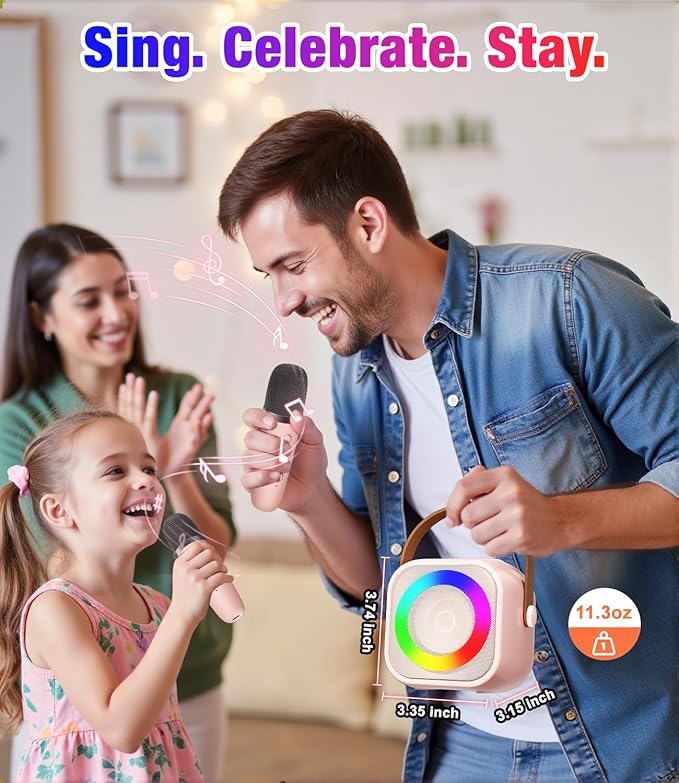 Mini Karaoke Machine, Portable Bluetooth Speaker with 2 Wireless Microphones for Kids & Adults, Karaoke Microphone with LED Lights, Gifts for Girls & Boys_Pink