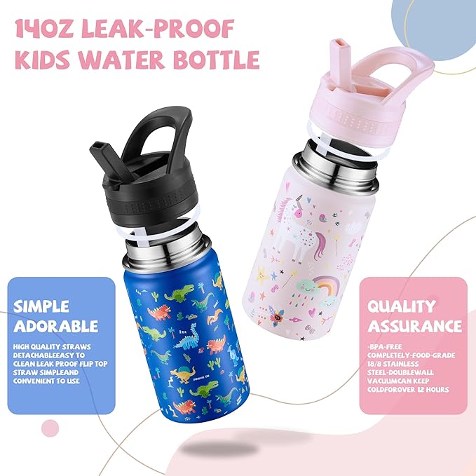 2 Pack Kids Water Bottle,14oz Stainless Steel Insulated Water Tumbler Leak-Proof,School Water Mug,Small and Portable,Suitable for Boys and Girls to Use(Blue dinosaur + Pink unicorn)