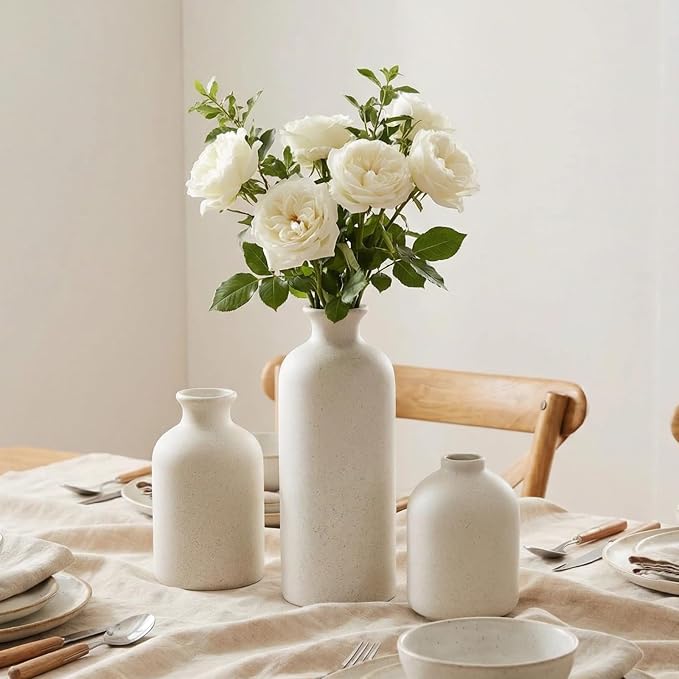 Small Ceramic Vase Set of 3,Modern Boho Farmhouse Flowers Vases | Decorative Vase for Dried Flowers,Pampas Grass,Home Decor,Shelf,Bathroom,Centerpiece for Entryway Table Distressed