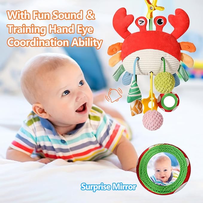 Baby Activity Hanging Toy, Soft Plush Crab Sensory Toys with Rattle ＆ Textures, Baby Stroller Toy, Toy for Car Seat and Crib, Early Educational Toys for Infant Boys and Girls