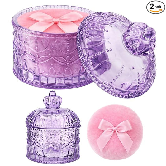 Body Powder Puff and Container, Crystal Container with Soft Dust Powder Puff Washable Reusable Face Body Glitter Wet Dry Makeup for Women Gift(Purple, Pink Crown)