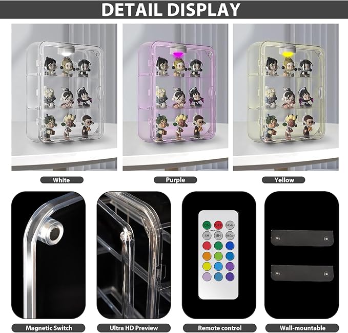 Clear Acrylic Display Case with Light, 3 Tiers Clear Display Case for Figures, Acrylic Storage Organizers Box with Magnetic Door, Wall-Mounted Dustproof Showcase for Collectibles Action Figure