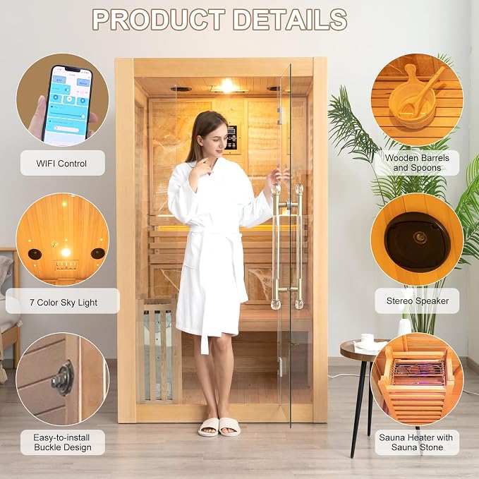 Smartmak Wood Home Steam Sauna, WiFi Control 1 Person Canadian Hemlock Traditional Luxurious Wooden Indoor Spa Room, with 3.5 kw Heater, Speaker, Rocks, Water Bucket, Spoon, Sky Lights