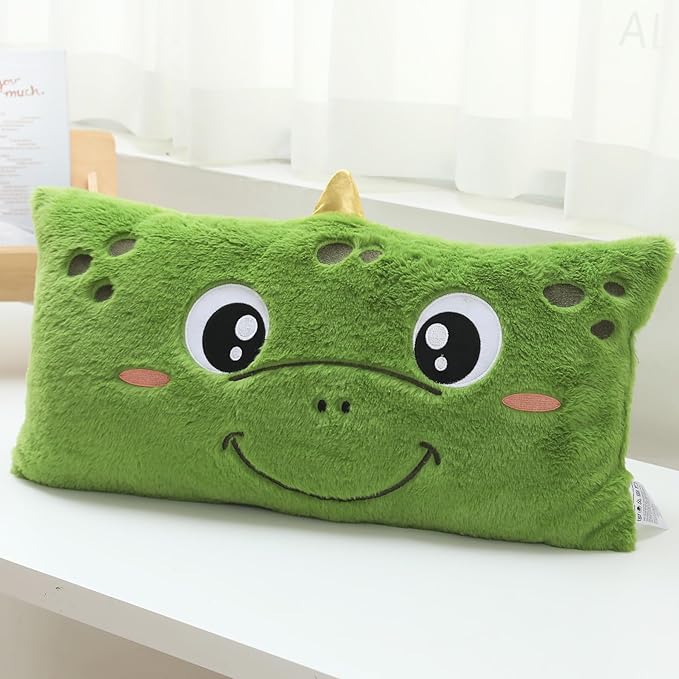 Stuffed Animal Lumbar Pillow, Super Soft Plush Cuddle Throw Pillow for Kids, Cute Dinosaur Shaped Pillow, 12 x 24 Inches, Green