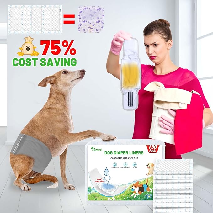 Dog Diaper Liners Booster Pads, 100ct Disposable Dog Diapers Inserts Male Female for Washable Doggie Belly Bands Wraps Covers Period Panties(Regular)