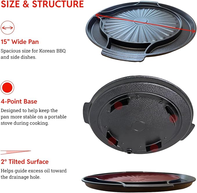 Master Grill Pan for Korean BBQ, 15", Stovetop Nonstick Smokeless Scratch-Resistant, Oil Draining Hole, Safety Hand Grip, For Grilling Vegetable Egg Meat Garlic Cheese Kimchi Made in Korea