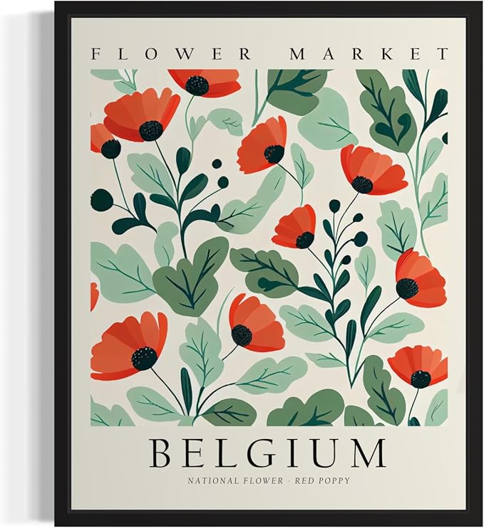 Belgium, Red Poppy Art Print Poster, Flower Market Wall Art, Floral Artwork Decor for Bedroom, Kitchen, Bathroom, Livingroom Decoration 52 (Belgium, Red Poppy, 24"L x 18"W, Black Frame)
