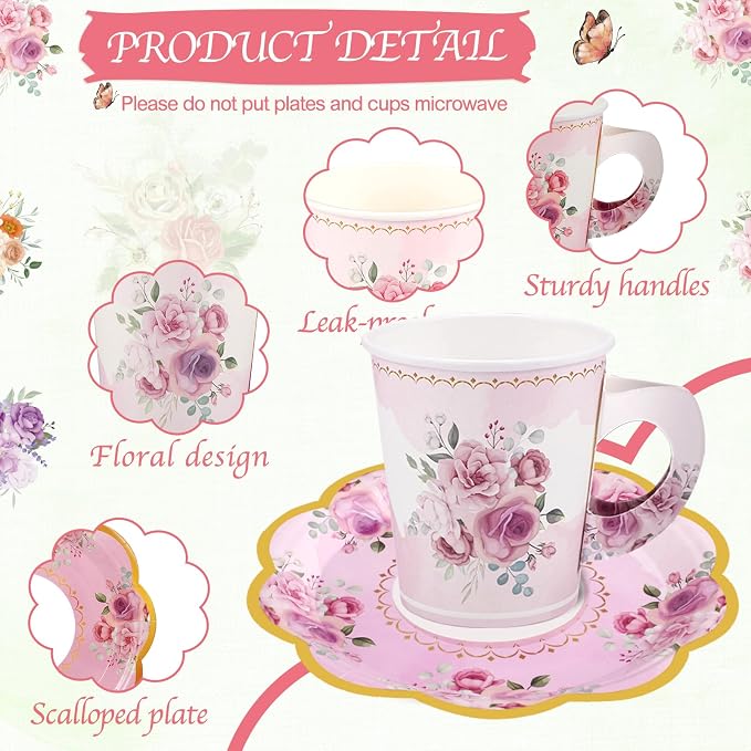 24 Sets Disposable Paper Tea Cups 7 OZ Floral Tea Party Cups with Handle and Plates Teacups and Saucer Sets for Garden Party Baby Bridal Shower Birthday(Watercolor Style)