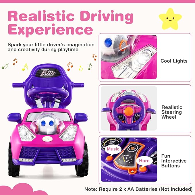Costzon Push Car for Toddlers, 3 in 1 Stroller Sliding Walking Car with Handle, Canopy, Seat Belt, Horn, Music & Lights, Under-Seat Storage, Guardrail, Foot-to-Floor Ride On Toy for Boys Girls (Pink)