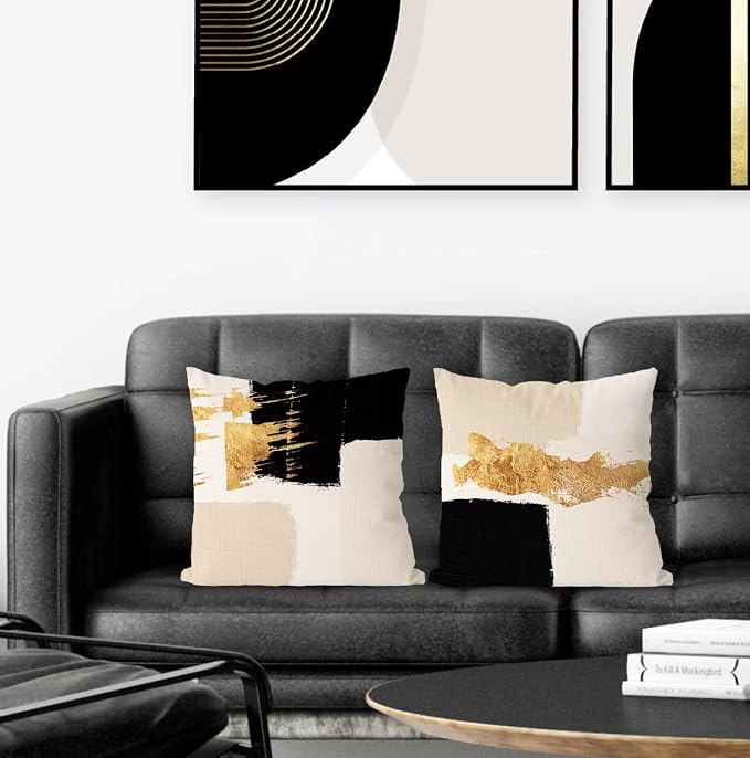 Black Beige Gold Pillow Covers, Abstract Black and Gold Pillow Covers 16x16 Set of 2, Modern Boho Home Decor, Black and Gold Pillows Decorative Throw Pillows for Couch Living Room Bedroom