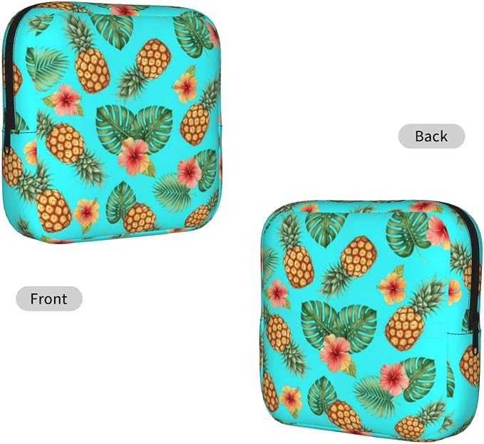 Ladies Sanitary Pad Storage Bag Exotic Tropical Flowers Leaves Watercolor Pineapple, Portable Polyester Period Pouch, Holds Tampons Panty Liners Menstrual Cup for Outdoor