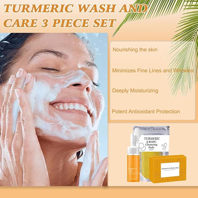 4Pcs Turmeric Wash and Care Three Piece Set,Turmeric Trio: Facial Wash,Cleansing Mousse & Soap for Skin Care,Turmeric Cleansing Exfoliating Pads,Turmeric Face Wash, Natural Skincare for Face & Body