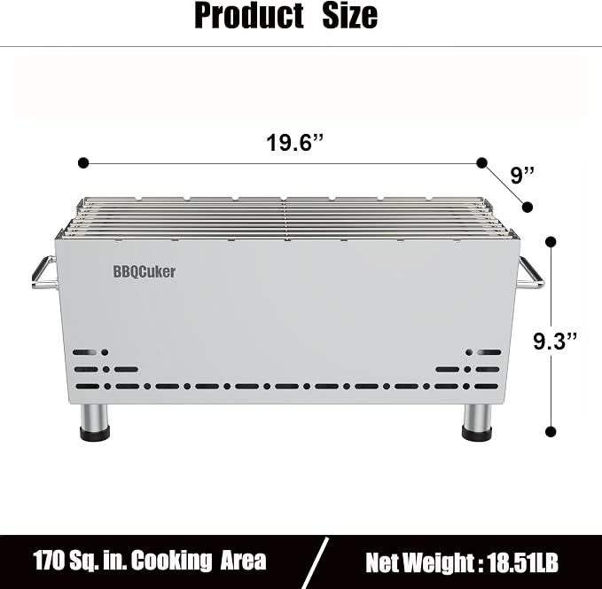 BBQCuker Portable Charcoal Grill,Heavy-Duty Stainless Steel Small BBQ Grill with Double-Layer Insulation Design,170 Sq. In. cooking Area,Tabletop Grill with Travel Bag for Outdoor Camping and Picnic