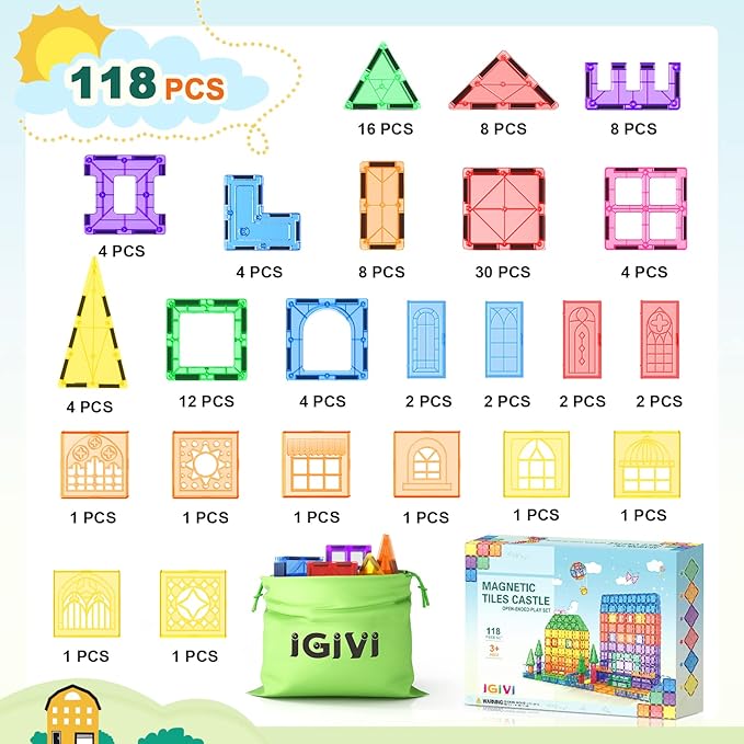 118PCS Magnetic Tiles, Magnet Building Blocks, Kids Toys for Ages 4-8 5-7, STEM Educational Construction Toys for Toddlers, Birthday for 3 4 5 6 7 8 Year Old Boys and Girls