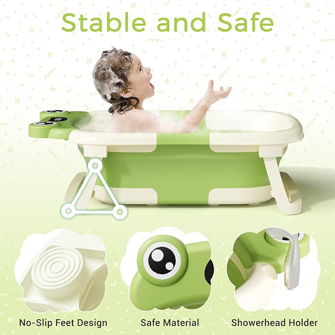 BUNWAG Baby Bathtub, Collapsible Newborn Bathtub for Infant to Toddler with Soft Cushion and Thermometer,Portable Travel Newborn Tub with No-Slip Feet, Baby Shower Gifts, 0-12 Months Baby Bath, Green