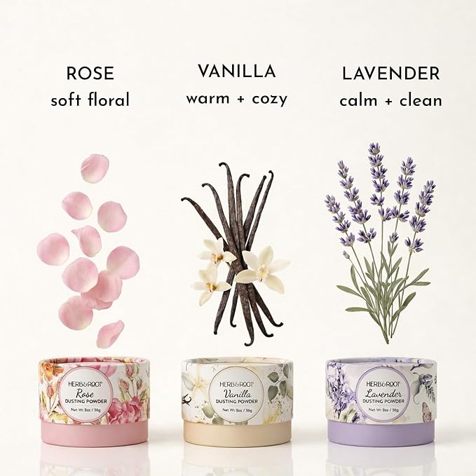 Herb & Root Talc Free Body Dusting Powders. Rose, Vanila, Sandalwood, Lavender, Jasmine, and Gift Sets (Travel Size, Lavender, Rose, Vanilla, Puff)