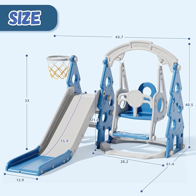 XJD 4-in-1 Toddler Slide and Swing Set, Kids Slide for Toddlers Age 1+, Toddler Outdoor Playset with Basketball Hoop, Swing, Christmas Birthday Gifts for Kids (Light Blue)