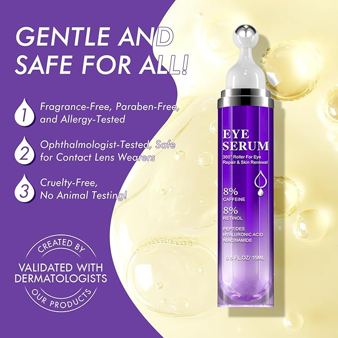 Advanced Eye Serum,8% Caffeine 8% Retinol Eye Treatment Cream,for Dark Circles Under Anti Aging Eyes Under Serum with 360°Massage Roller for Massage Ball 0.5 fl.oz