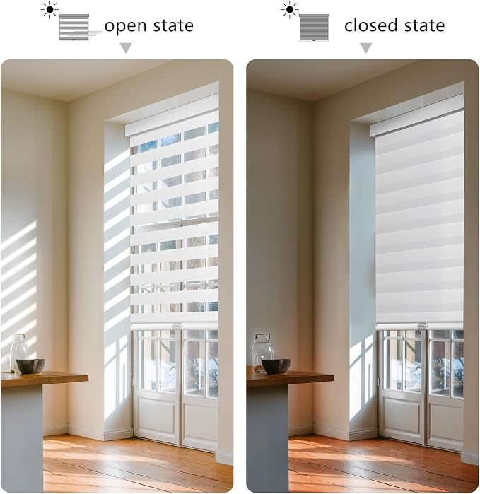 AOSKY Cordless Zebra Blinds for Windows Pull Down Roller Window Shades Dual Layer Light Filtering Privacy for Day and Night, Free-Stop Door Shades for Home Easy to Install (28" W X 72" H, White)