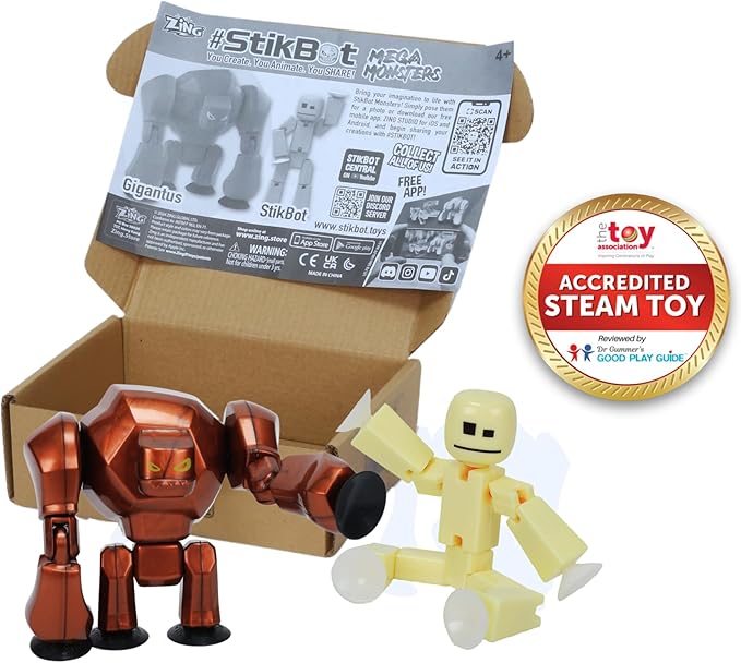 Zing StikBot & Mega Monster Stop-Motion Animation Pack – Exclusive Butter Yellow StikBot + Bronze Gigantus Figure, Creative Toy for Kids Age 4+