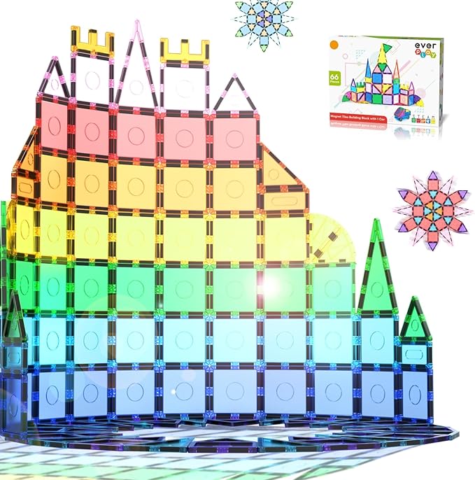 66 pc Magnetic Tiles with Multicolored Car Set, Building Blocks Toys, STEM Educational Learning Magnet Toy Preschool Montessori Boys & Girls Smart Kit Games Gifts for Age 3+ Kids Toddlers