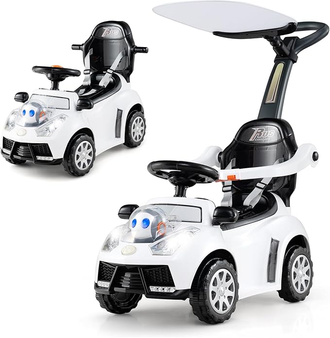 Costzon Push Car for Toddlers, 3 in 1 Stroller Sliding Walking Car with Handle, Canopy, Seat Belt, Horn, Music & Lights, Under-Seat Storage, Guardrail, Foot-to-Floor Ride On Toy for Boys Girls (White)
