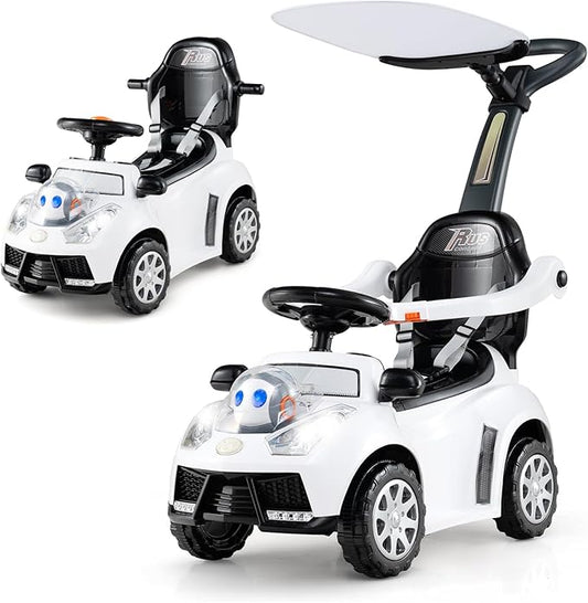 Costzon Push Car for Toddlers, 3 in 1 Stroller Sliding Walking Car with Handle, Canopy, Seat Belt, Horn, Music & Lights, Under-Seat Storage, Guardrail, Foot-to-Floor Ride On Toy for Boys Girls (White)