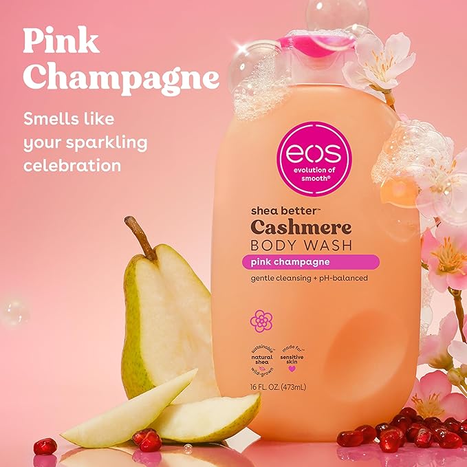 eos Cashmere Body Wash – Pink Champagne, Moisturizing Body Wash, Creamy Gel Formula, with Shea Butter, Glycerin, Vitamin E, pH Balanced, Sensitive Skin, Vegan, 16 fl oz