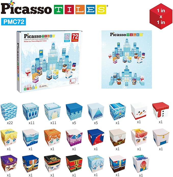 PicassoTiles Magnet Cube Winter Ice Themed Mix and Match Building Block Castle Construction Toy with 7 Magnetic Cubed Character Action Figures STEM Learning Education Sensory Pretend Play Age 3+ PMC72
