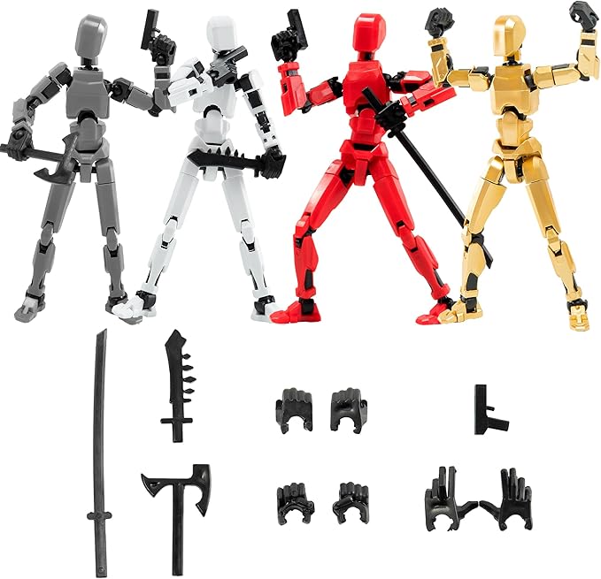 4PCS Assembled Titan T-13 Action Figures Set Lucky Dummy Nova 13 Action Figure Robot Anime Stick Figures Fidget Toys for Boys Multi Movable Joints Gifts Toys for Kids (Golden+White+Grey+Red)
