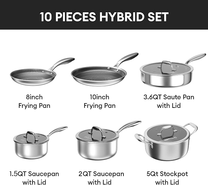 COOKER KING 10pcs Pots and Pans Set Non Stick, Stainless Steel Cookware Set | Hybrid, Non Toxic, Dishwasher and Oven Safe, All Cooktop Compatible, Stay-Cool Handles, PFOA Free