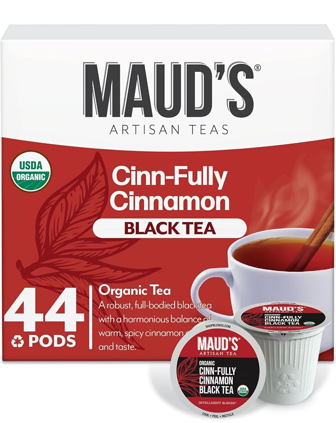 Maud's Organic Cinnamon Black Tea Pods, 44 ct, Single Serve Tea Pods – 100% Gourmet Blended Tea Leaves, Compatible with Keurig K Cups Maker