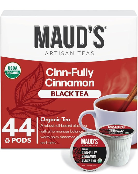 Maud's Organic Cinnamon Black Tea Pods, 44 ct, Single Serve Tea Pods – 100% Gourmet Blended Tea Leaves, Compatible with Keurig K Cups Maker